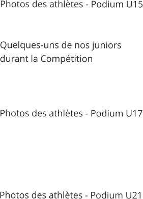 Photos des athlètes - Podium U15   Quelques-uns de nos juniors  durant la Compétition    Photos des athlètes - Podium U17      Photos des athlètes - Podium U21